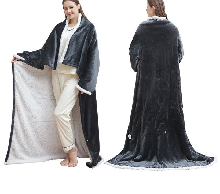 Grey wearable heated blanket with sleeves
