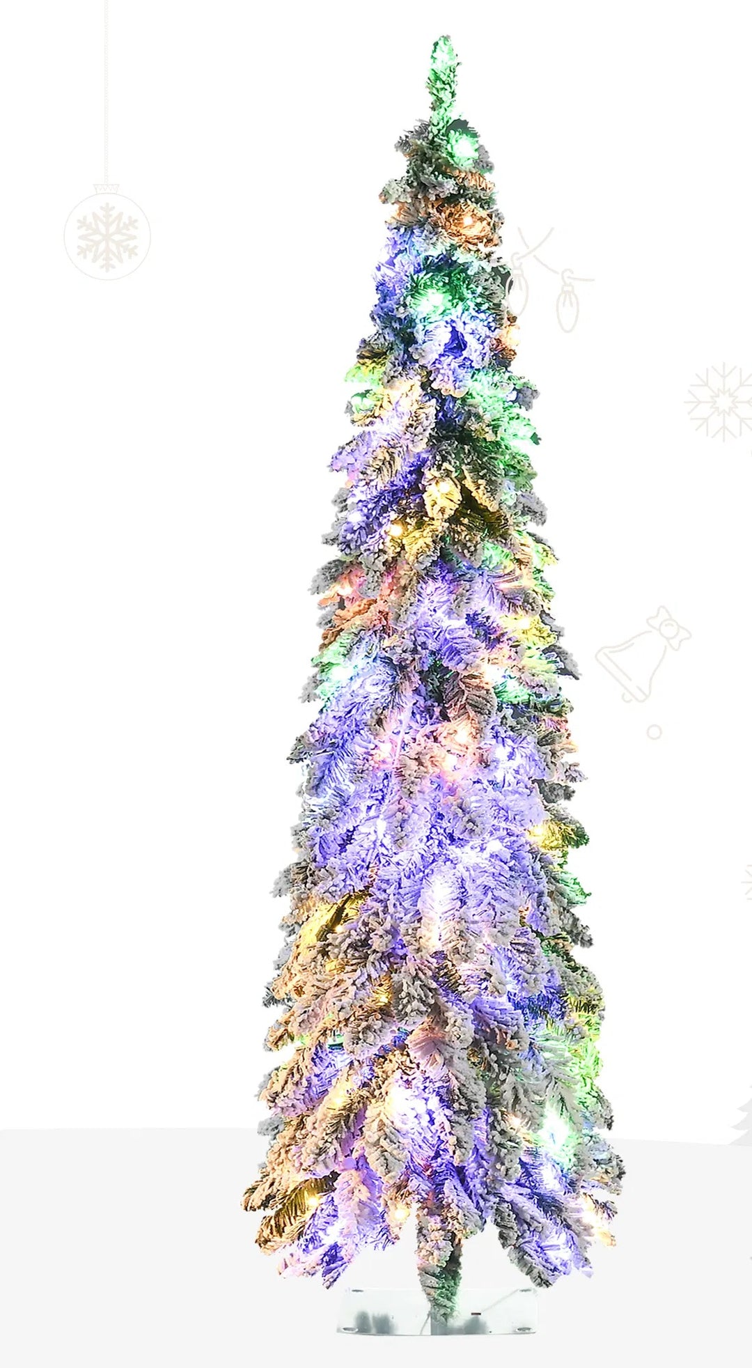 Snowy pencil tree with colour lights