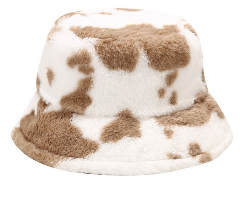 Fluffy cow print faux fur bucket hat