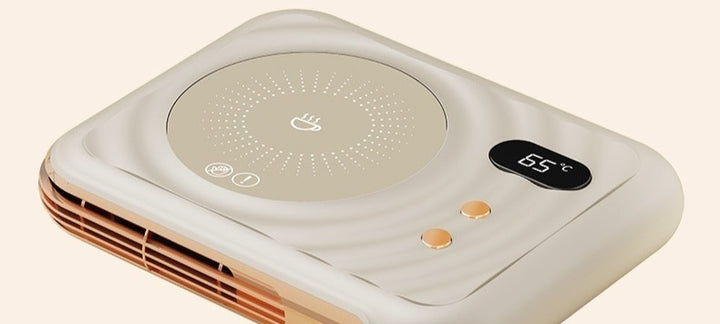 Beige mug warmer coaster with hand warmer fan
