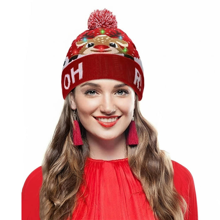 Harwelton™ Light-Up Knitted Christmas Bobble Hat with Colourful LEDs