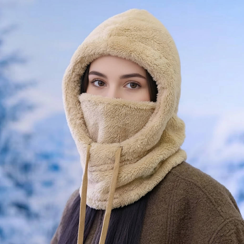 Polar Fleece Balaclava Hood with Drawstrings and Long Neck