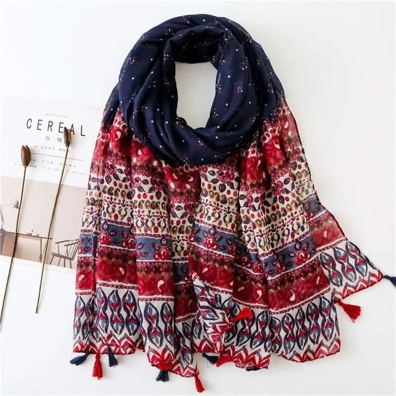 Women’s Viscose Scarf with Polka Dot Floral Pattern