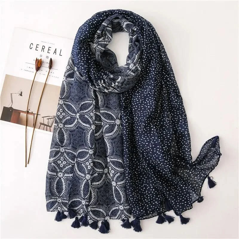 Women’s Viscose Scarf with Polka Dot Floral Pattern