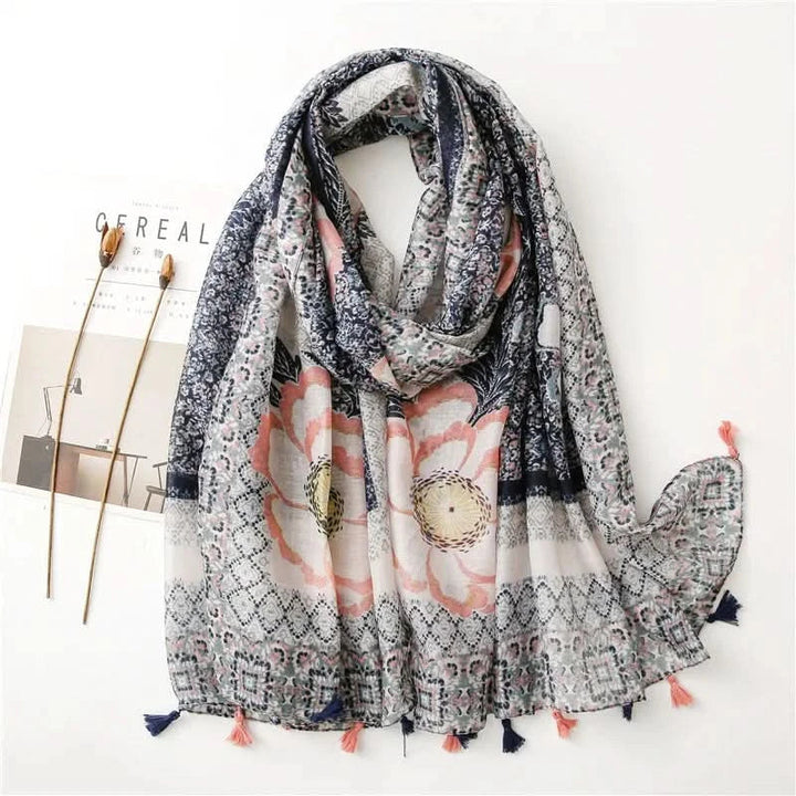 Women’s Viscose Scarf with Polka Dot Floral Pattern