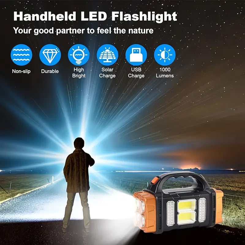 Solar Rechargeable LED Torch with COB Floodlight and Power Bank