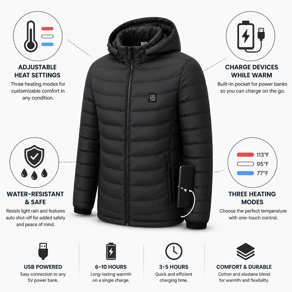 Harwelton™ USB Heated Jacket with Power Bank Pocket &amp; Auto Shut-Off