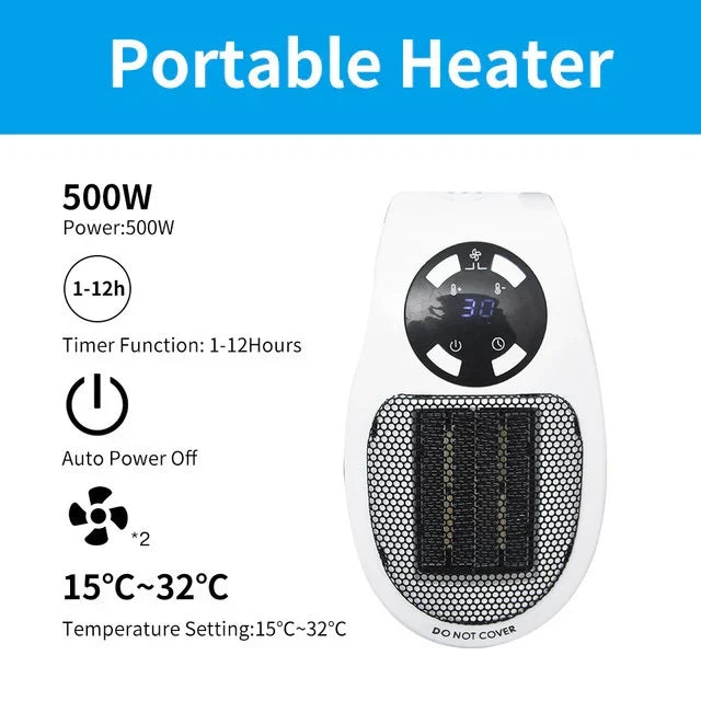 Mini Heizlüfter | Programmierbarer 12-Stunden-Timer | Leiser Betrieb mit Fernbedienung und Thermostat 15-32°C