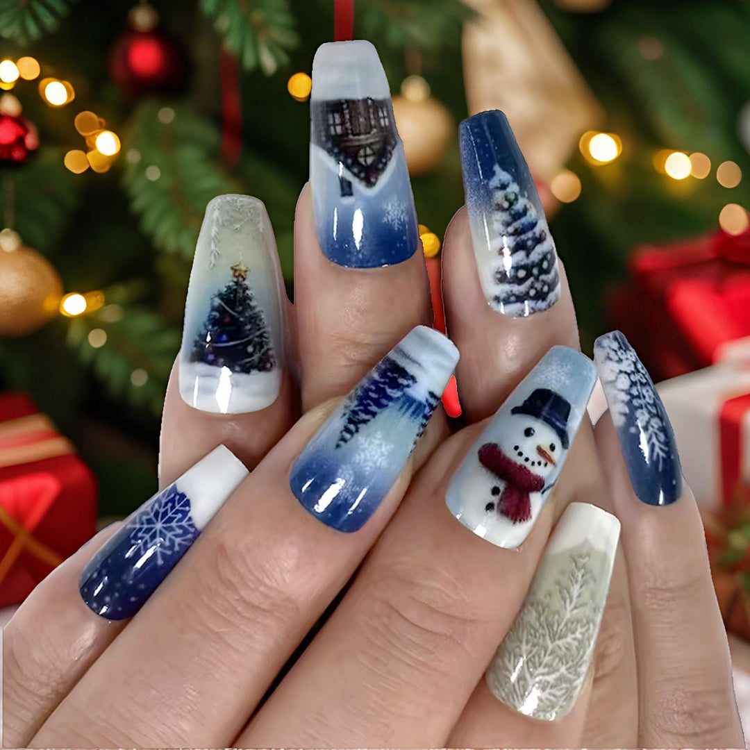 Artistic Winter Press-On Nails with Frosty Tree Scenes