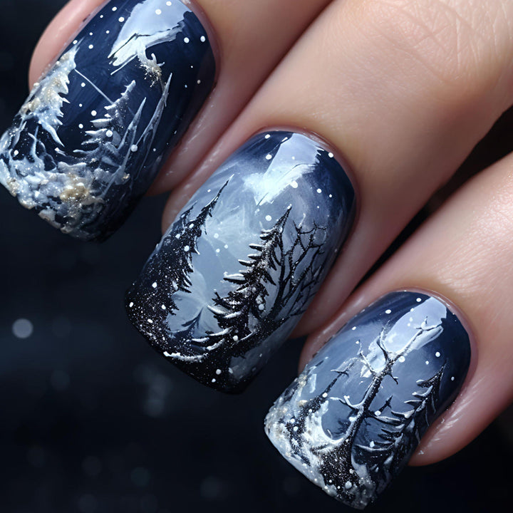Hand-Painted Look Winter Nail Tips in Slate Grey