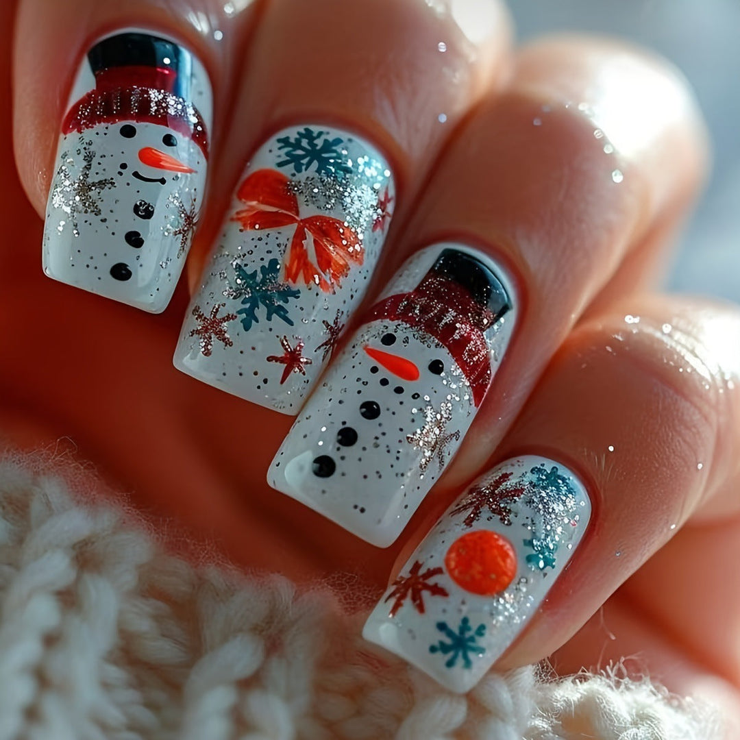 Winter Press-On Nails with Snowman &amp; Snowflake Designs