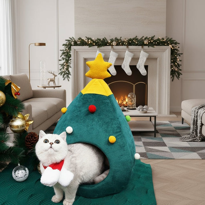 Christmas Tree Cat Bed with Cosy Enclosed Plush Interior