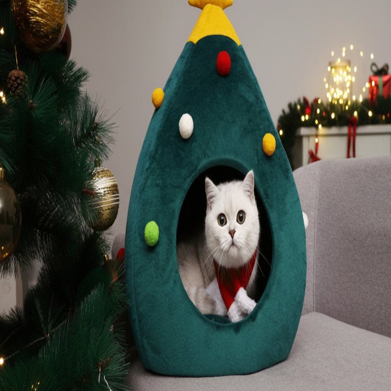 Christmas Tree Cat Bed with Cosy Enclosed Plush Interior