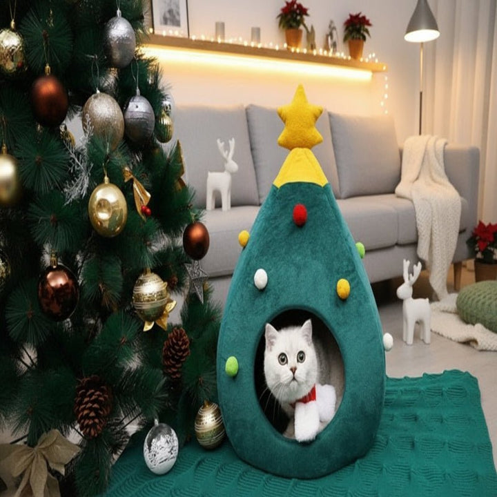 Christmas Tree Cat Bed with Cosy Enclosed Plush Interior