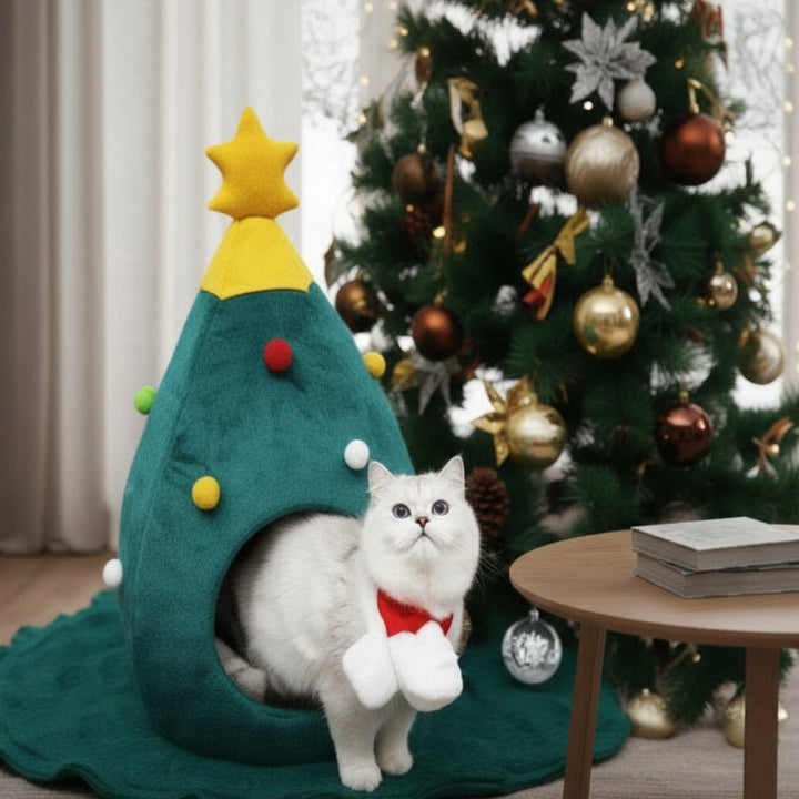 Christmas Tree Cat Bed with Cosy Enclosed Plush Interior