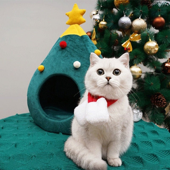 Christmas Tree Cat Bed with Cosy Enclosed Plush Interior