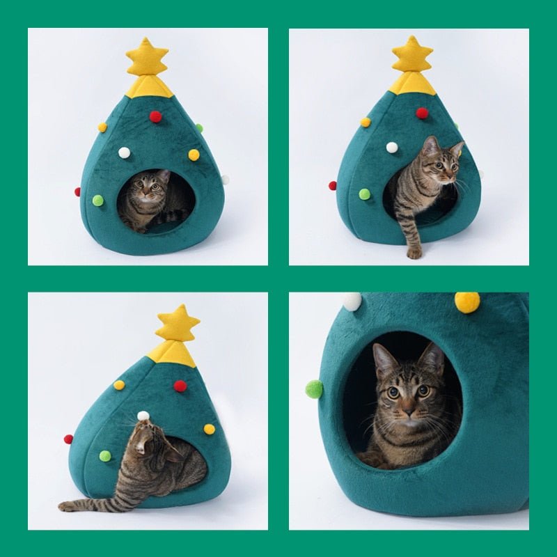 Christmas Tree Cat Bed with Cosy Enclosed Plush Interior