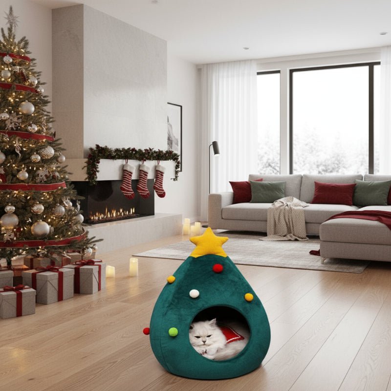 Christmas Tree Cat Bed with Cosy Enclosed Plush Interior