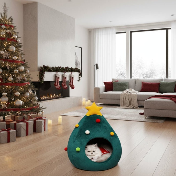 Christmas Tree Cat Bed with Cosy Enclosed Plush Interior