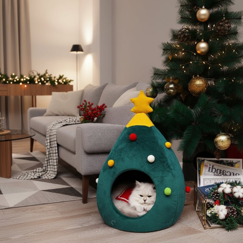 Christmas Tree Cat Bed with Cosy Enclosed Plush Interior