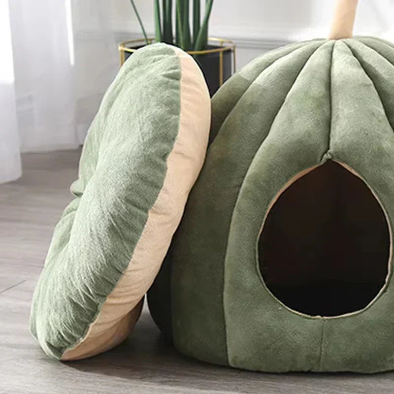 Enclosed Pumpkin-Shaped Cat Cave in Soft Washable Plush