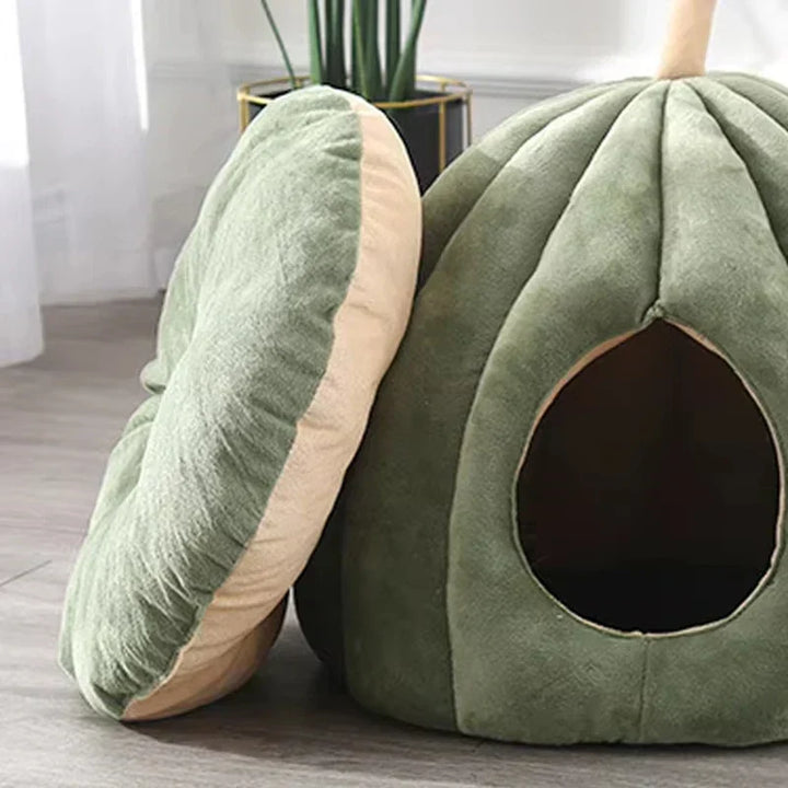 Enclosed Pumpkin-Shaped Cat Cave in Soft Washable Plush