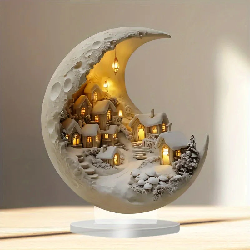 Glowing Crescent Moon Winter Village Ornament in Clear Acrylic