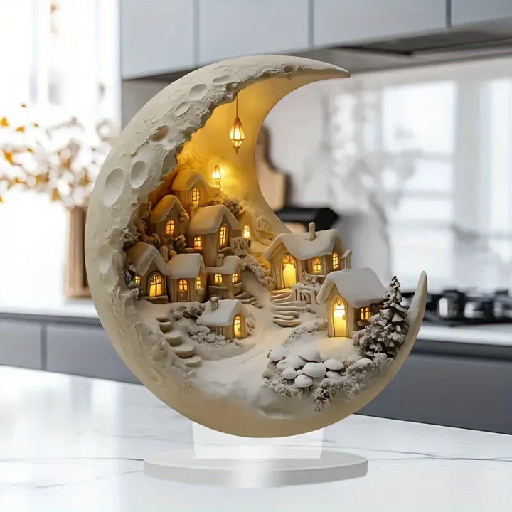 Glowing Crescent Moon Winter Village Ornament in Clear Acrylic