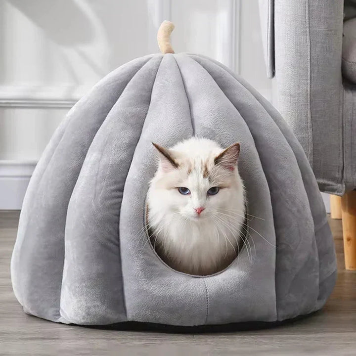 Enclosed Pumpkin-Shaped Cat Cave in Soft Washable Plush