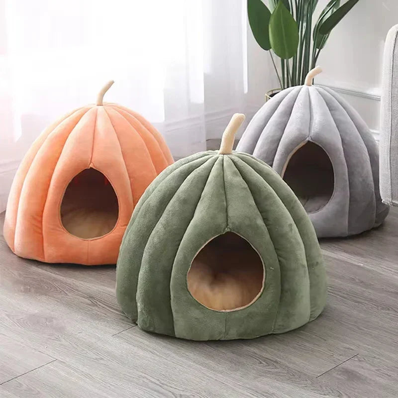 Enclosed Pumpkin-Shaped Cat Cave in Soft Washable Plush