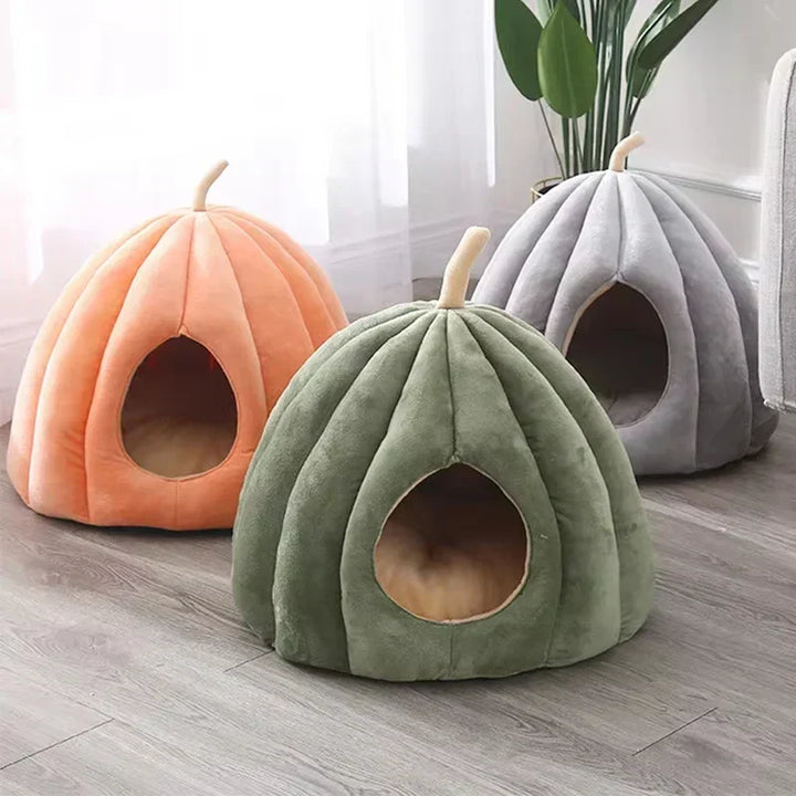 Enclosed Pumpkin-Shaped Cat Cave in Soft Washable Plush