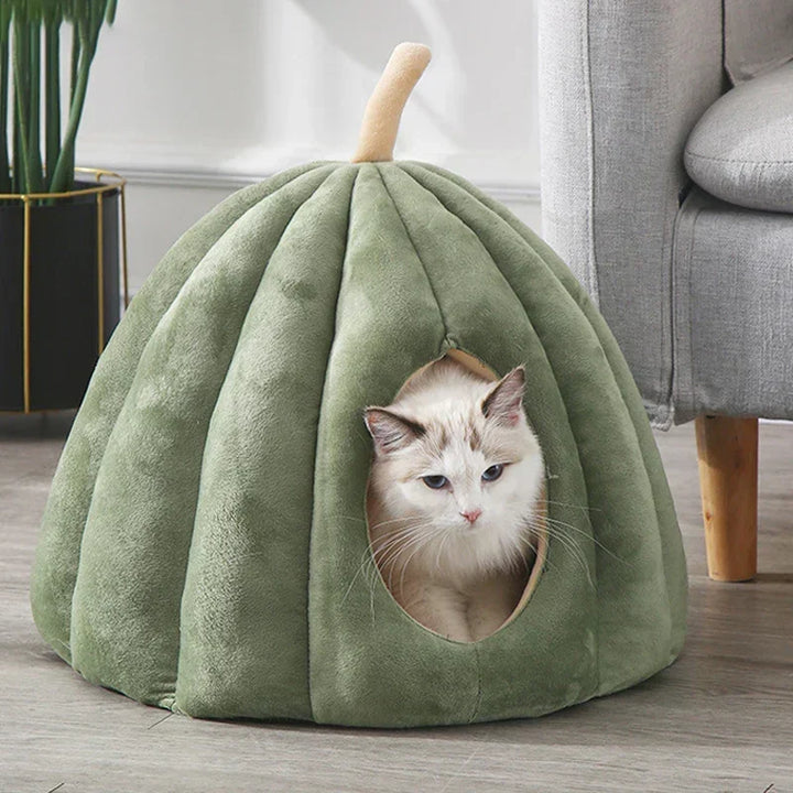 Enclosed Pumpkin-Shaped Cat Cave in Soft Washable Plush