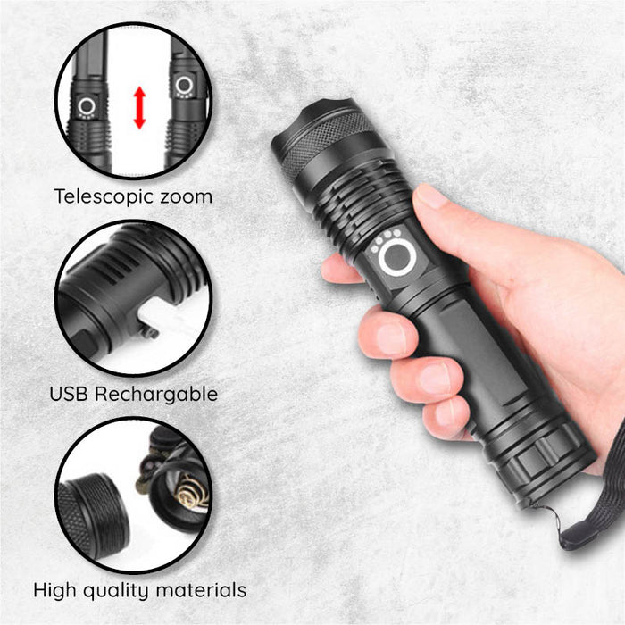 Rechargeable LED Torch with Zoom, Waterproof Aluminium Body
