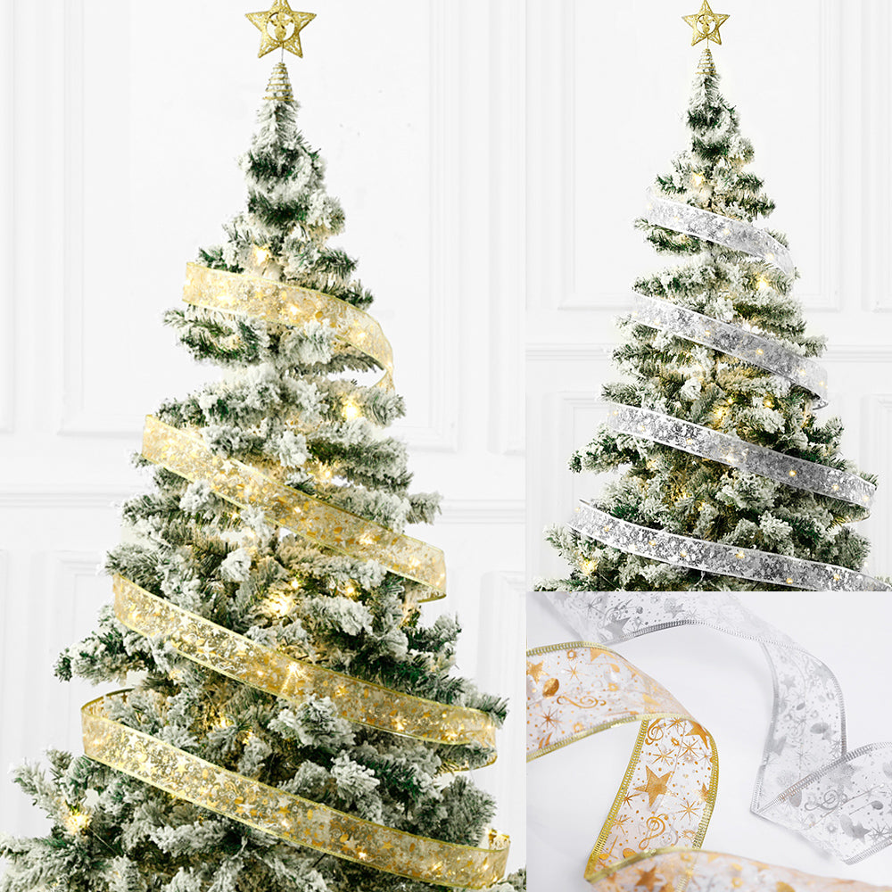 Gold ribbon fairy lights on Christmas tree