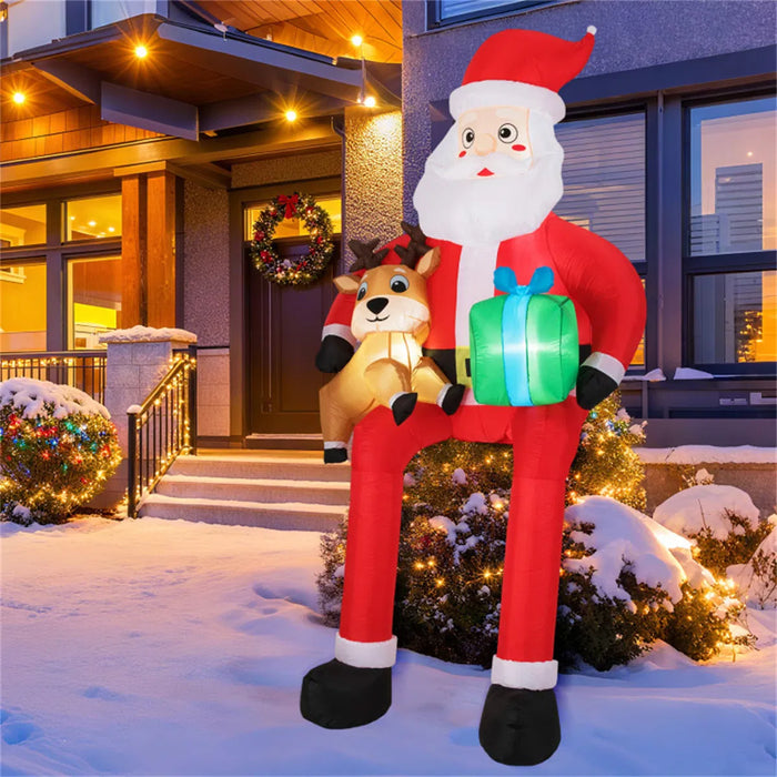 Harwelton Inflatable Sitting Santa with Reindeer and Gift Box, 9.5ft