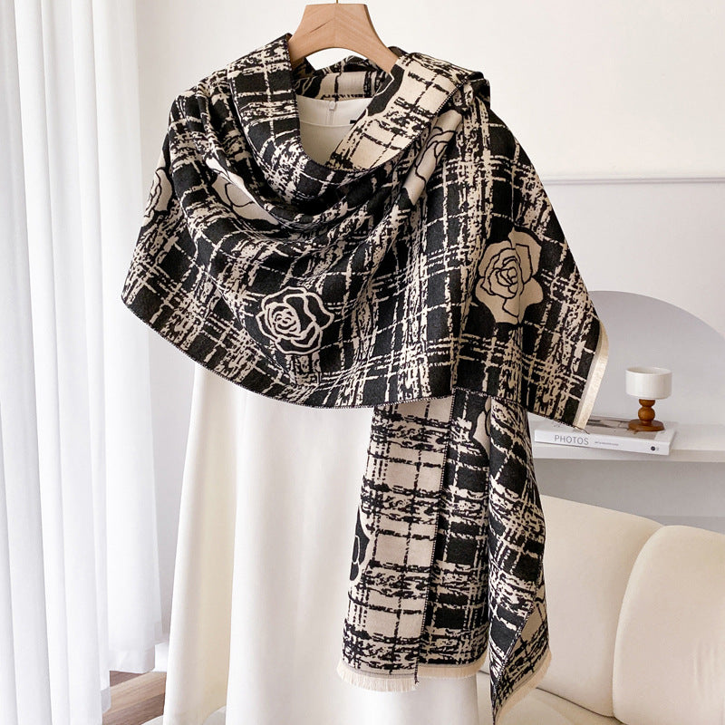 Wine red double sided plaid shawl with roses