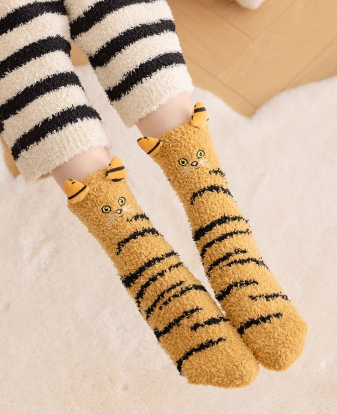 Fluffy cat socks with 3D ears and tail