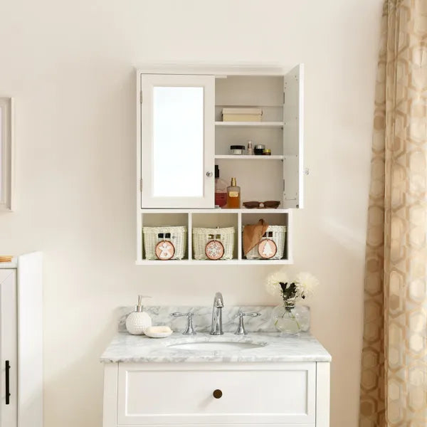White mirrored bathroom wall cabinet with baskets