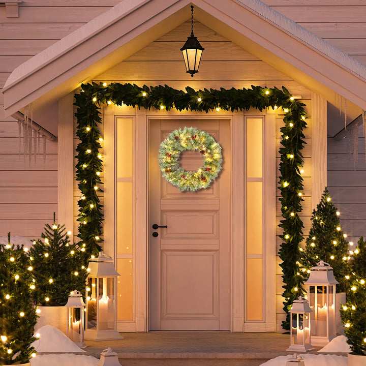 Pre-lit Christmas wreath on front door