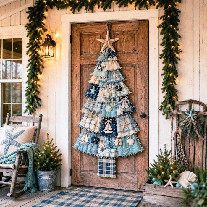 Patchwork Christmas tree hanging on a front door