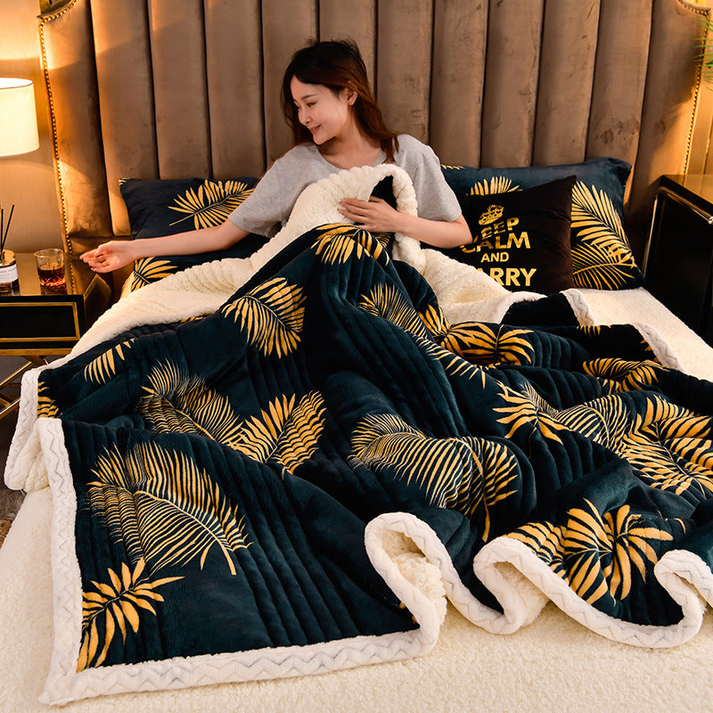 Quilted sherpa blanket with green daisy print