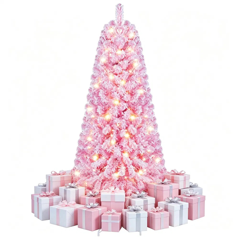 Small pink flocked tree with warm lights
