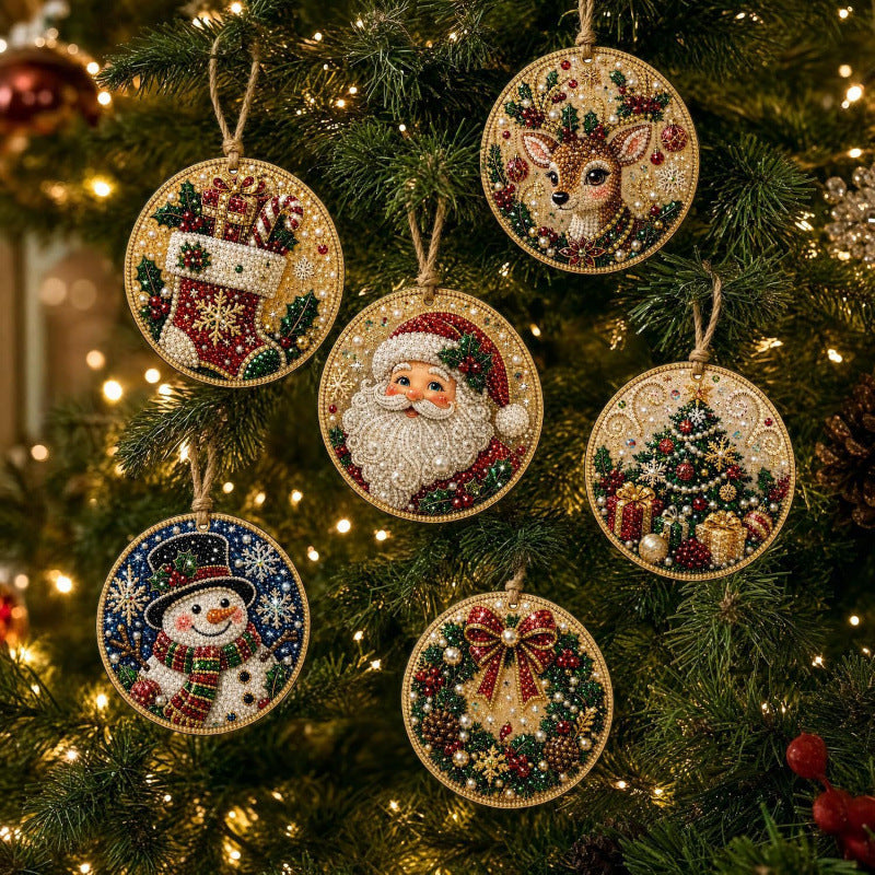 Six wooden diamond painting Christmas ornaments