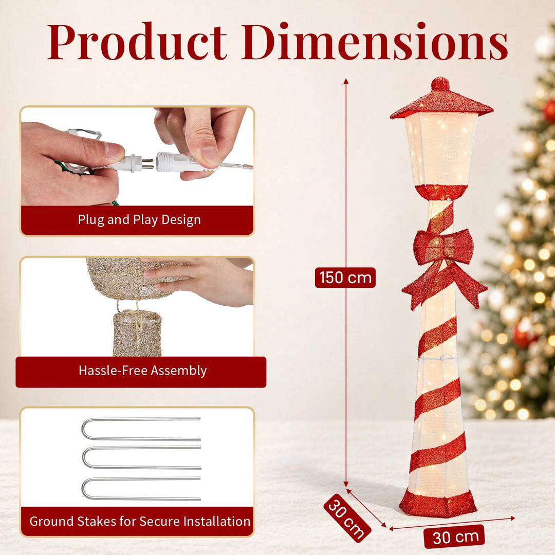 Candy cane striped Christmas lamp post glowing