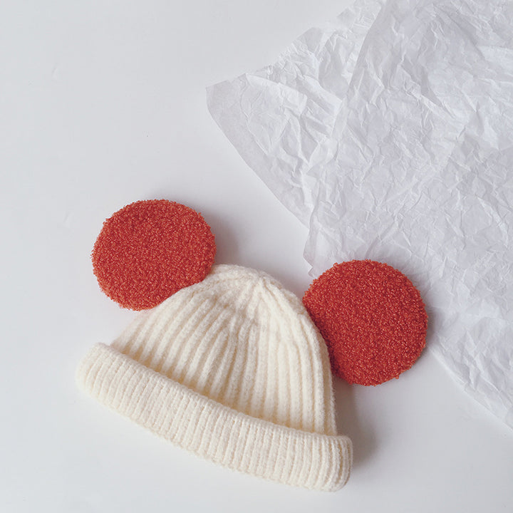 Kids pink ribbed beanie with teddy ears