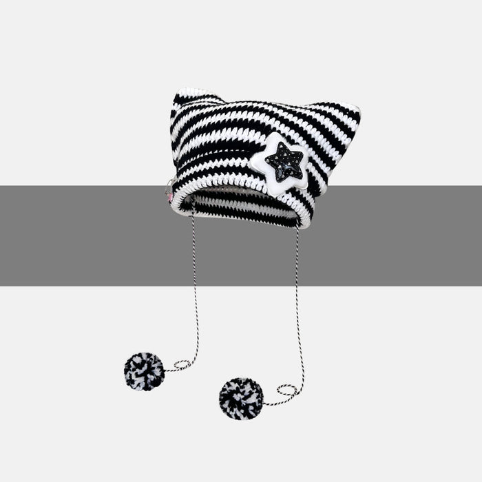 Harwelton Striped Cat Ear Beanie with Star or Pompoms