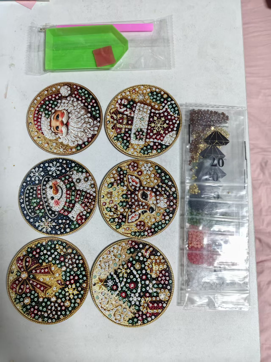 Six wooden diamond painting Christmas ornaments
