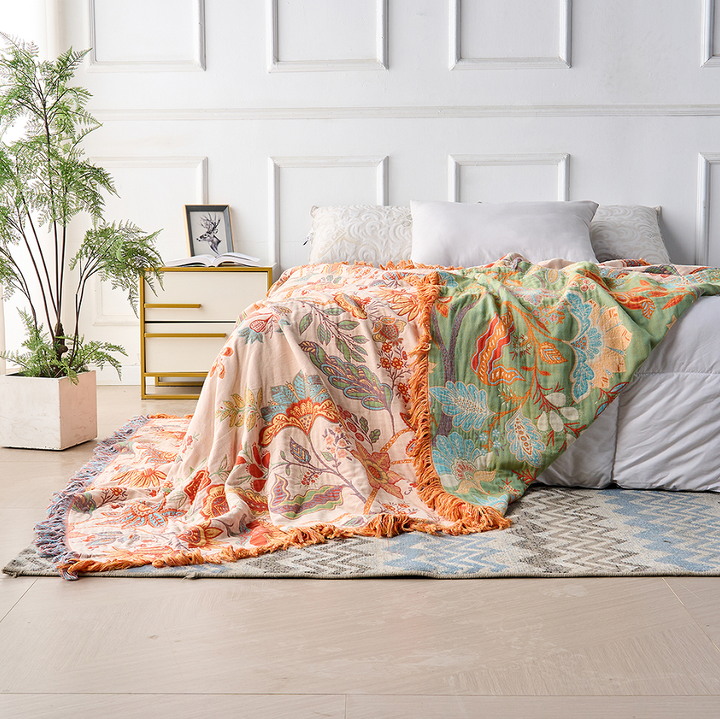 Boho Floral Cotton Throw with Fringe in Cream and Orange
