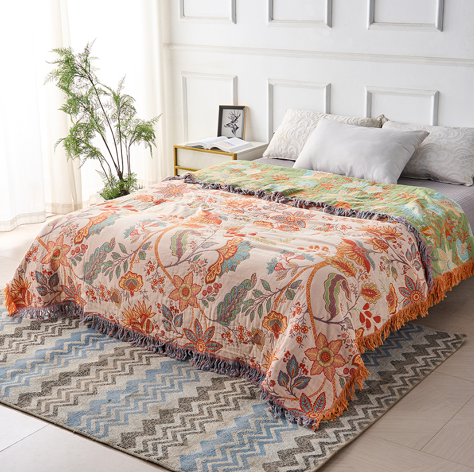 Boho Floral Cotton Throw with Fringe in Cream and Orange