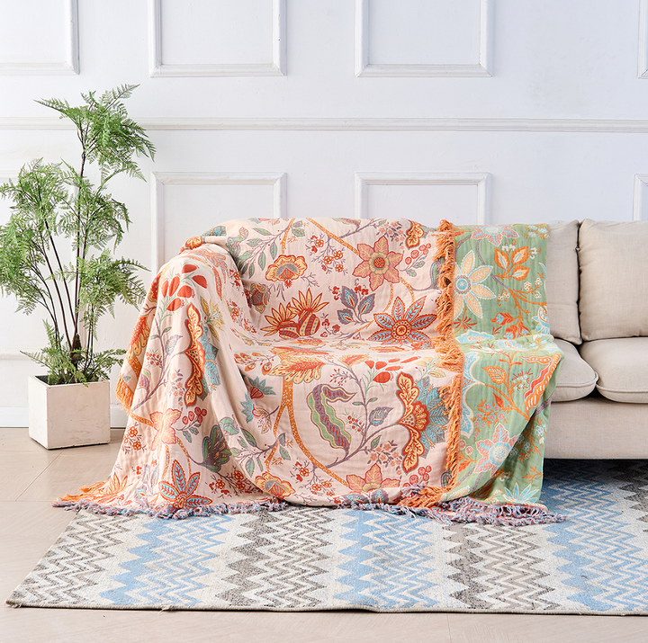 Boho Floral Cotton Throw with Fringe in Cream and Orange
